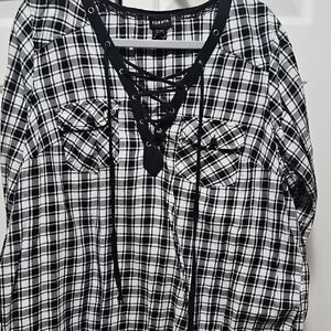Torrid Monochrome Plaid Lace-Up Blouse